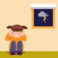 Little girl close ear scary of lightning in rainy day, phobia, children scene in rain season. cartoon flat illustration vector