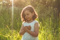 Little Girl closed her eyes, praying in a field during beautiful sunset. Hands folded in prayer concept for faith Royalty Free Stock Photo