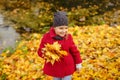 Little girl in coat in autumn in the park laughing happy Royalty Free Stock Photo