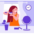 A little girl combing her hair in front of the mirror in the room. Vector illustration in flat cartoon style. Royalty Free Stock Photo