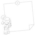 Little girl cook and a blank sticky note. Blank banner with a child chef. Vector black and white coloring page. Royalty Free Stock Photo