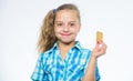 Little girl with cookie. happy child eating cookies. little chef tasting cookie. healthy food and dieting. happy Royalty Free Stock Photo