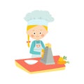 Little girl cooking. Cute child grating carrots. Little chef. Vector hand drawn eps 10 clip art illustration isolated on