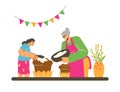 Little girl cooking Easter cake together with granny, flat vector illustration isolated on white background.