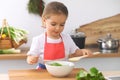 Little girl cooking in the kitchen. Kid slicing and mixing tomatoes and greenery. Concept of healthy meal or tasty Royalty Free Stock Photo