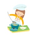 Little girl cooking a soup. Little chef. Vector hand drawn eps 10 clip art illustration isolated on white background. Royalty Free Stock Photo