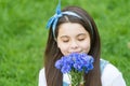 Little girl cornflowers bouquet holiday greetings, my favorites concept