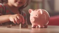 Little girl counting money, pink piggy bank and stacks of coins on the table, child learning to save money for future concept Royalty Free Stock Photo