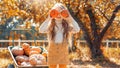 Little girl covered face with two small pumpkin