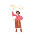 Little Girl in Cowboy Costume and Hat Spinning Lasso Isolated on White Background. Kid Wear Traditional Wild West Suit