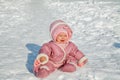 The little girl cries sitting on snow