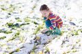 Little girl with crocus flowers under snow in spring Royalty Free Stock Photo