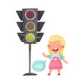 Little Girl Crossing Road at Green Light Vector Illustration Royalty Free Stock Photo