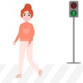 Little girl crossing road under traffic light, pedestrian rules for kids for educational posters