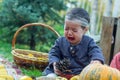 little girl is crying in the autumn park, baby girl in the park Royalty Free Stock Photo