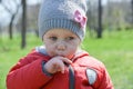 Little girl crying with tears on the street walking in the park Royalty Free Stock Photo