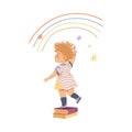 Little Girl with Curly Hair Leaning on Books Drawing Rainbow on the Wall with Crayon Vector Illustration Royalty Free Stock Photo