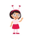 Little girl in cute headband flat vector illustration. Valentines Day celebration.
