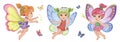 A little girl. Cute small fairy. Beautiful Elf princess. Set butterflies with colorful wings on white background. Toy or doll.