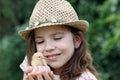 Little girl and cute yellow chicken Royalty Free Stock Photo
