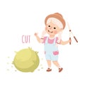 Little Girl Cutting Bush with Garden Pruner Demonstrating Vocabulary and Verb Studying Vector Illustration