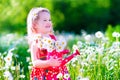 Little girl in daisy flower field Royalty Free Stock Photo