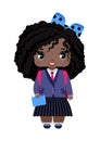 little girl, with dark skin, black curly hair, gray eyes, blue bow and school uniform Royalty Free Stock Photo