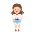 Little Girl with Dead Fish in Bowl Crying Out Loud Feeling Unhappy Vector Illustration