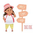 Little Girl Deciding Where to Go Demonstrating Vocabulary and Verb Studying Vector Illustration