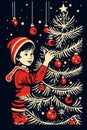 A little girl decorates a christmas tree, AI