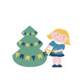 Little girl decorates Christmas tree