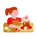 Little girl decorates Easter cake and eggs. Vector illustration in flat cartoon style. Isolated on a white background