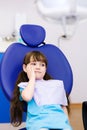 Little girl at the dentist complains of toothache