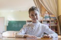 little girl at the desk is writing. education and school concept - little student girl writing in notebook at school Royalty Free Stock Photo