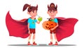 Little Girl With Devil Horns, Cloak And Holding Pumpkin In Hands Vector. Halloween Isolated Illustration Royalty Free Stock Photo