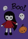 Little girl devil in a red skirt with two ghost spirit and pumpkin and text boo on violet background. The concept of Halloween