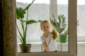 A little girl diligently washing a window. Royalty Free Stock Photo