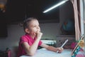 little girl at distance home schooling, study lessons on quarant Royalty Free Stock Photo