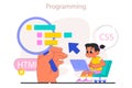 Little girl do programming. Computer science, AI, game technologies Royalty Free Stock Photo