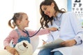 Little girl at the doctor for a checkup. Child auscultate the heartbeat of the doctor Royalty Free Stock Photo