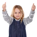 This little girl does things her own way. Portrait of an adorable little girl standing with her arms raised and showing