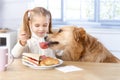 Little girl and dog having lunch together Royalty Free Stock Photo