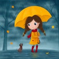 Little girl and dog walk in the rain