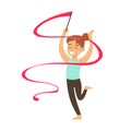 Little Girl Doing Rhythmic Gymnastics Exercise With Ribbon In Class, Future Sports Professional Royalty Free Stock Photo