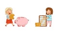 Little Girl with Dollar Coin and Piggy Bank Vector Illustration Set