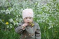 Little girl with Down syndrome in the mouth pulls dandelions