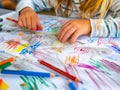 A little girl is drawing with colored pencils on a table Royalty Free Stock Photo