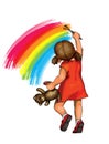 Little girl drawing rainbow