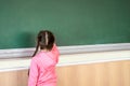 Little girl draws with chalk on a blackboard. View from the back. The child performs a learning task. Babe starts school in first Royalty Free Stock Photo