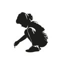 Little girl draws on the ground, side view. Isolated vector silhouette, ink drawing